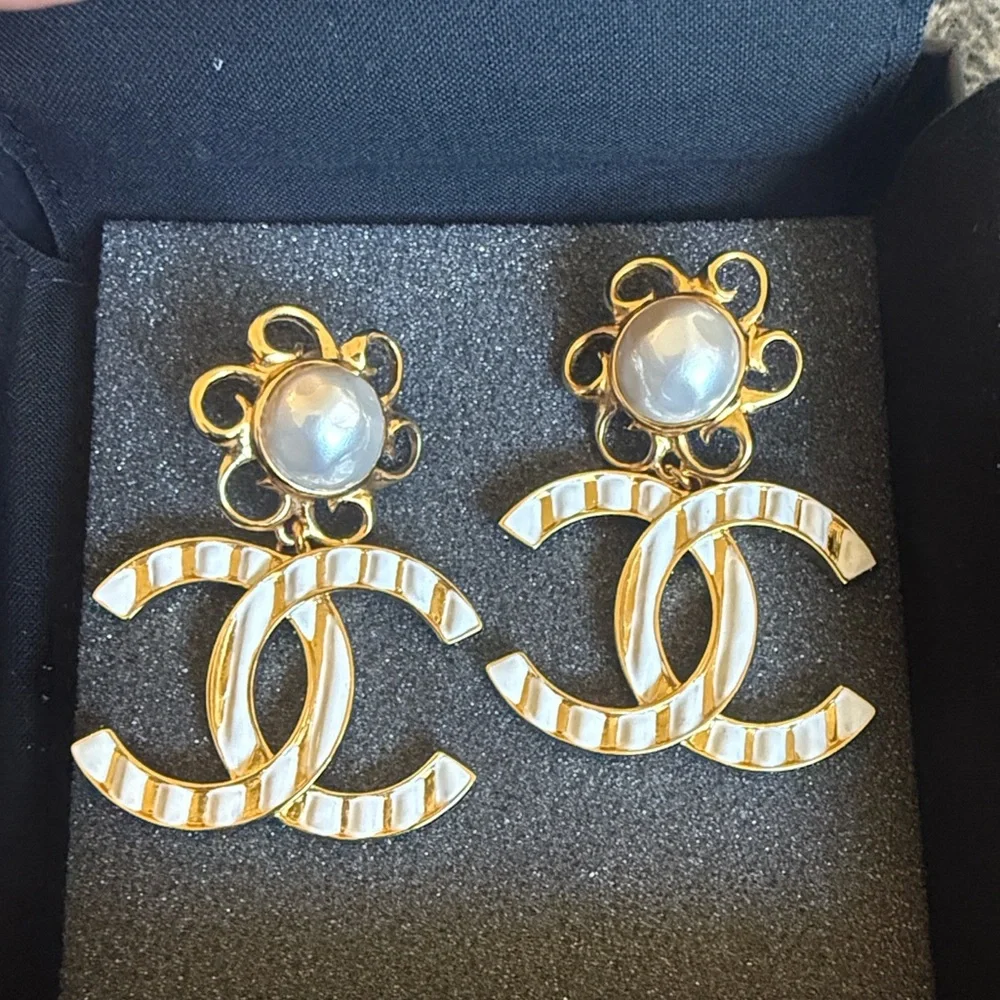 Chanel Authentic Gold and White Metal & Glass Pearl Earrings NEW